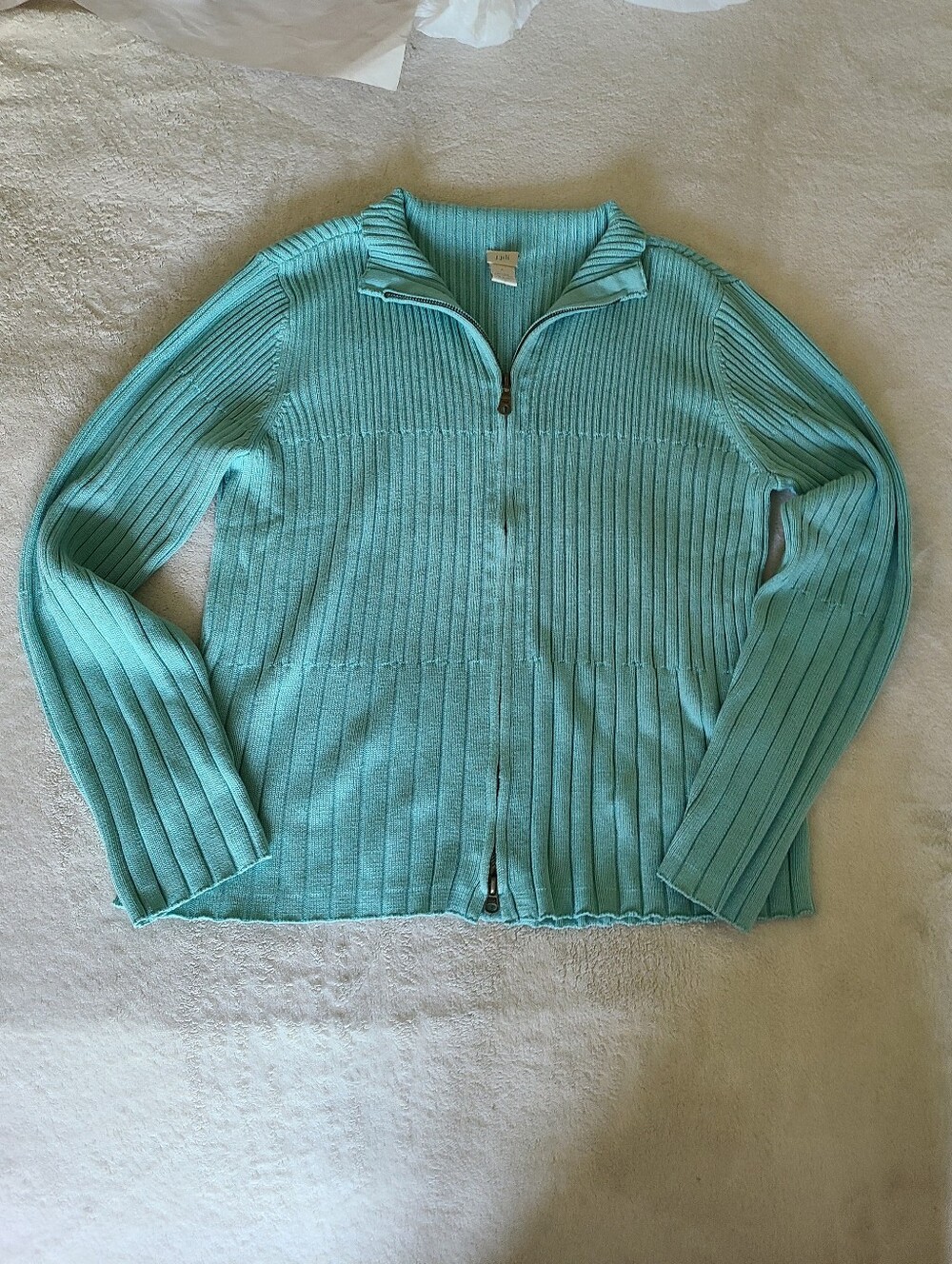 J.jill Blue Ribbed Silk Cotton Blend Zip Sweater Jacket Size L Coastal Nautical